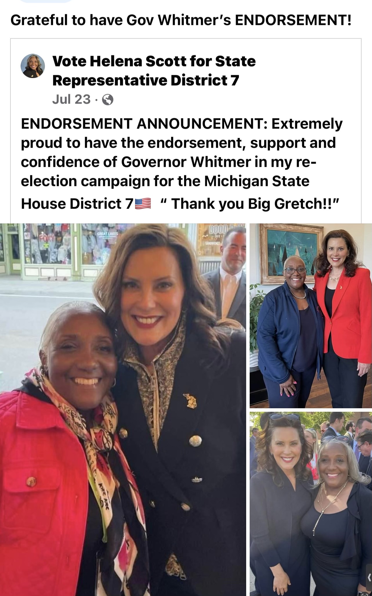 Michigan State Representative Helena Scott is Endorsed by Michigan Governor Gretchen Whitmer